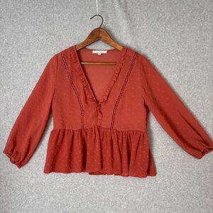 Love Tree Crop Top Womens‎ Large Orange Peplum Textured Ruffled Blouse Cottage